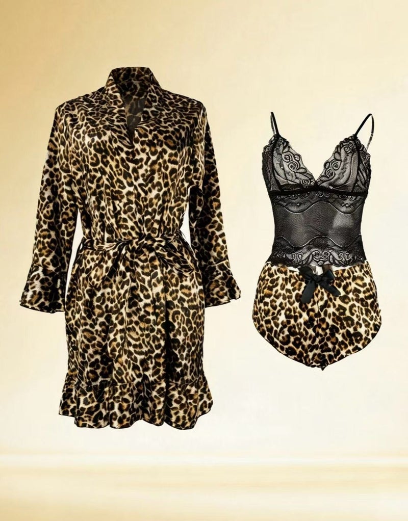 Sellcy Leopard Print 4-Piece Satin Loungewear Set - Image 1